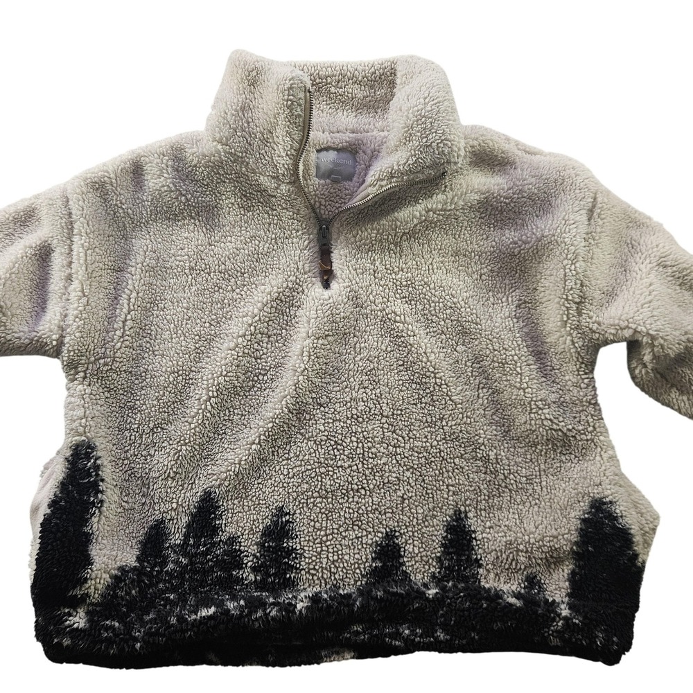 Weekend Los Angeles Sherpa Fleece Pullover Womens Small Ivory 1/4 Zip Tree Line